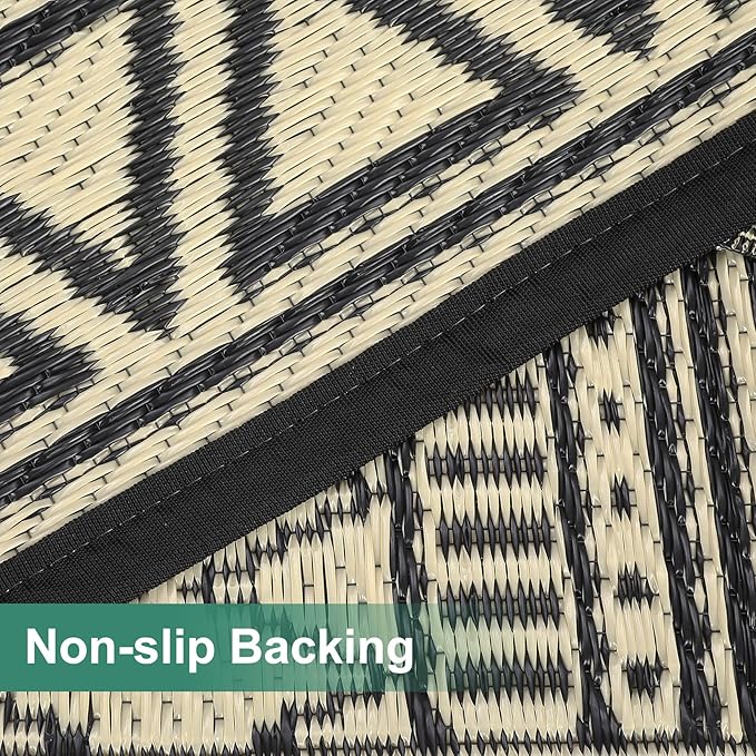 GAOMON Outdoor Rug Waterproof 8'x10', Reversible Outdoor Plastic Straw Rug, Boho Patio Rug, Indoor Outdoor Carpet, RV Mat Outside for Patio, Camp, Picnic, Balcony, Deck, Black/Coffee(Bohemia)-HomvellaHome