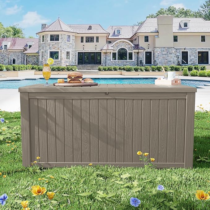 152 Gallon Deck Box Waterproof, UV Resistant Resin Outdoor Storage Box with Hydraulic Rod, Lockable Design and Enhanced Durability for Patio, Garden, and Poolside Use-HomvellaHome