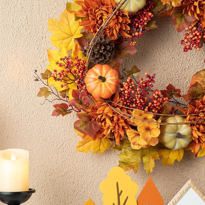 Glitzhome 24 inch Artificial Fall Wreath Decor, Autumn Maple Leaf Wreath for Front Door with Dahlia Pumpkin, Leaf and Berry Wreaths for Autumn Harvest Thanksgiving Halloween Decor-HomvellaHome