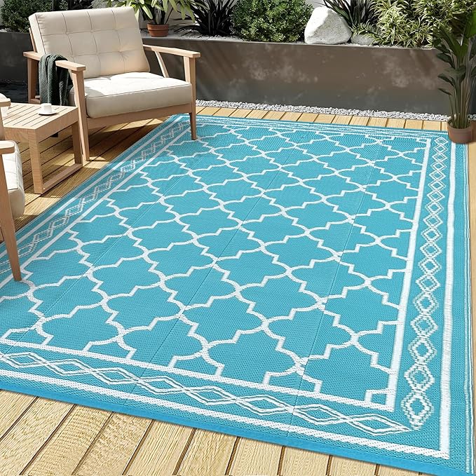 GAOMON Outdoor Plastic Straw Rug, 10'x14' Reversible Sage Green Patio Mat, Flower Modern Design for RV, Backyard, Deck, Camping, Picnic, Teal/White(Geometric)-HomvellaHome