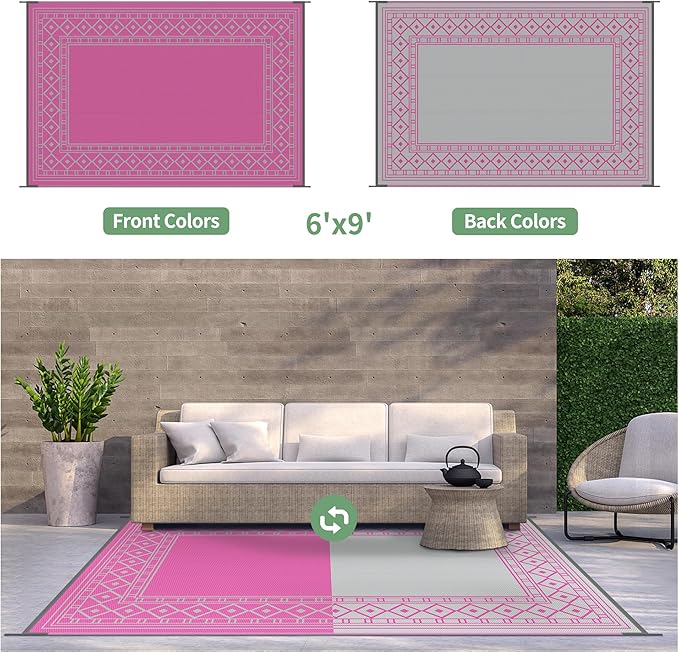 GENIMO Outdoor Rug Waterproof 6'x9' for Patio, Foldable Reversible Plastic Straw Carpet for Travel Trailers, Outside Area Mat for Rv, Deck, Picnic, Porch, Camper, Balcony, Beach, Pink & Grey-HomvellaHome