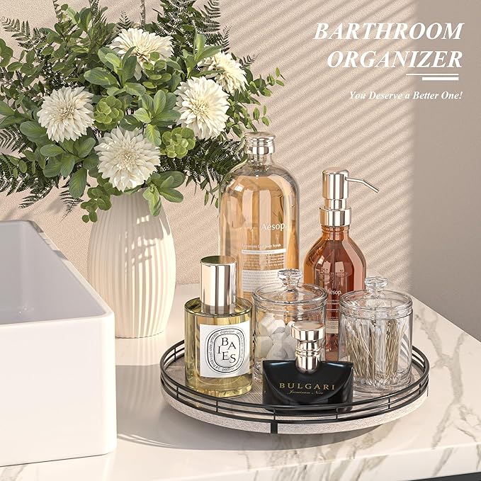 12" Farmhouse Lazy Susan for Kitchen & Coffee Table Decor – Rustic Wood Tray with Black Metal Frame, Decorative Centerpiece for Dining Room, Ottoman, Living Room, Serving or Vanity Use-HomvellaHome