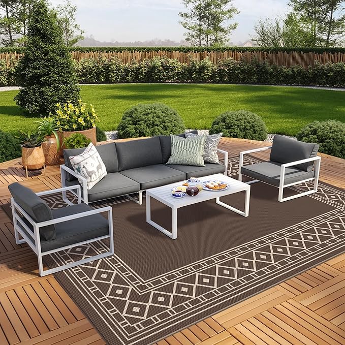 GENIMO Outdoor Rug Waterproof for Patio, 10'x14' Foldable Reversible Plastic Straw Carpet for Travel Trailers, Outside Area Mat for Rv, Deck, Picnic, Porch, Camper, Balcony, Beach, Coffee & Beige-HomvellaHome