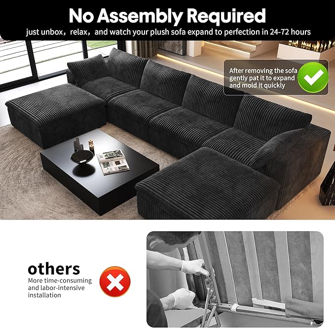 157.5" U Shaped Modern Sofa Modular Sectional Cloud Couch with 2 Ottoman,Deep Seat Upholstered Couches with Corduroy Fabric for Living Room Furniture,Bedroom and Apartment,No Assembly Required,Black-HomvellaHome
