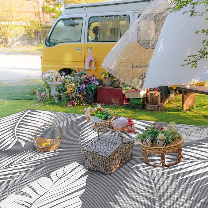 GENIMO Outdoor Rug 9' x 18' Waterproof for Patios Clearance, Reversible, Plastic Straw Camping Rug Carpet, Large Area Rugs Mats for RV, Picnic, Backyard, Deck, Balcony, Porch, Beach, Grey&White-HomvellaHome