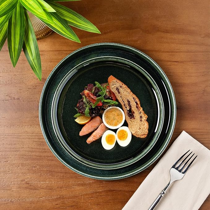 GBHOME Ceramic Dinnerware Sets for 8, 24 Pieces Stoneware Plates and Bowls Sets, Reactive Glaze Dishes -Scratch Resistant, Dishwasher&Microwave Safe, Earth Green-HomvellaHome