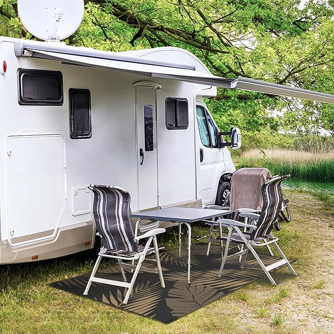 GENIMO Outdoor Rug 3' x 5' Waterproof for Patios Clearance, Reversible Outdoor Plastic Straw Camping Rug Carpet, Large Area Rugs Mats for RV, Camper, Deck, Balcony, Porch, Beach, Picnic, Black&Brown-HomvellaHome