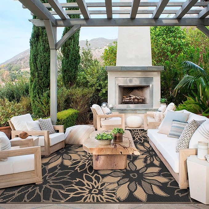 GENIMO Outdoor Rug Waterproof for Patio Decor, 8' x 10' Reversible Plastic Straw Floral Camping Carpet, Large Area Rugs Mats for RV, Camper, Deck, Balcony, Porch, Beach, Picnic, Black & Brown-HomvellaHome