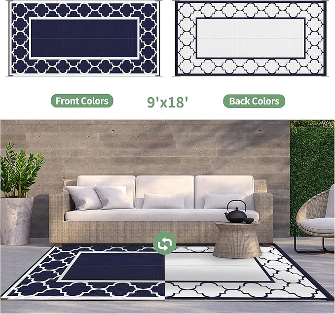 GENIMO 9' x 18' Outdoor Rug Waterproof for Patio, Foldable Reversible Plastic Straw Area Rugs Mat for Rv Decor, Outside Carpet for Camper, Deck, Picnic, Beach, Balcony, Porch, Blue & White-HomvellaHome