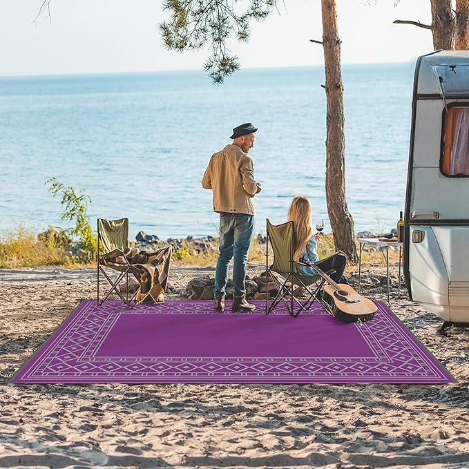 GENIMO Outdoor Rug Waterproof 6'x9' for Patio, Foldable Reversible Plastic Straw Carpet for Travel Trailers, Outside Area Mat for Rv, Deck, Picnic, Porch, Camper, Balcony, Beach, Purple & Grey-HomvellaHome