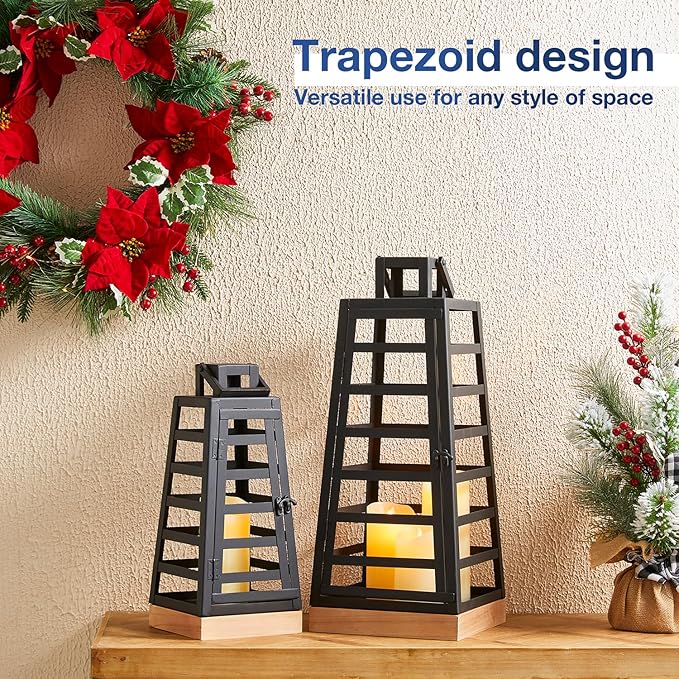 Glitzhome Set of 2 Modern Trapezoid Metal/Wood Decorative Lanterns,Large Candle Lanterns for Living Room,Home,Indoor, Outdoor,Table,Fireplace Mantle Decor -Black(No Glass)-HomvellaHome