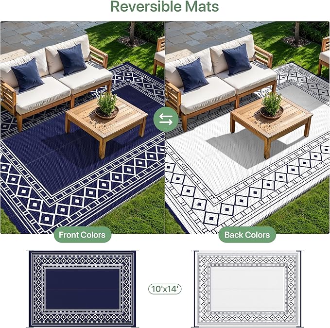 GENIMO Outdoor Rug Waterproof Area 10'x14' for Patio, Foldable Reversible Plastic Straw Carpet for Travel Trailers, Outside Mat for Rv, Deck, Picnic, Porch, Camper, Balcony, Beach, Blue & White-HomvellaHome