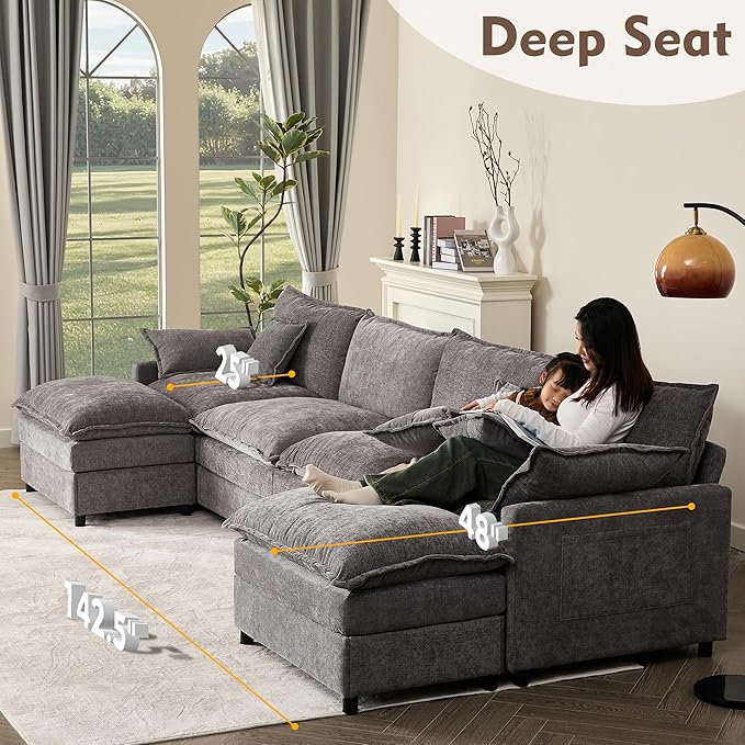 142.5" U Shaped Couch, Modular Sectional Sofa, 3-Seater Comfy Cloud Couch with Movable Ottoman, Deep Seat Couches for Living Room, Chenille, Slate-HomvellaHome