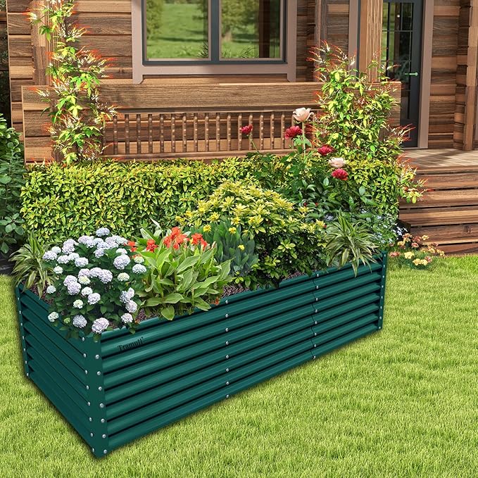 1 Pack 8x3x2FT Galvanized Raised Garden Bed Kit Retangular Metal Ground Planter Box Outdoor Bottomless Planter Raised Beds for Vegetables Flowers Herbs Fruits, Green-HomvellaHome