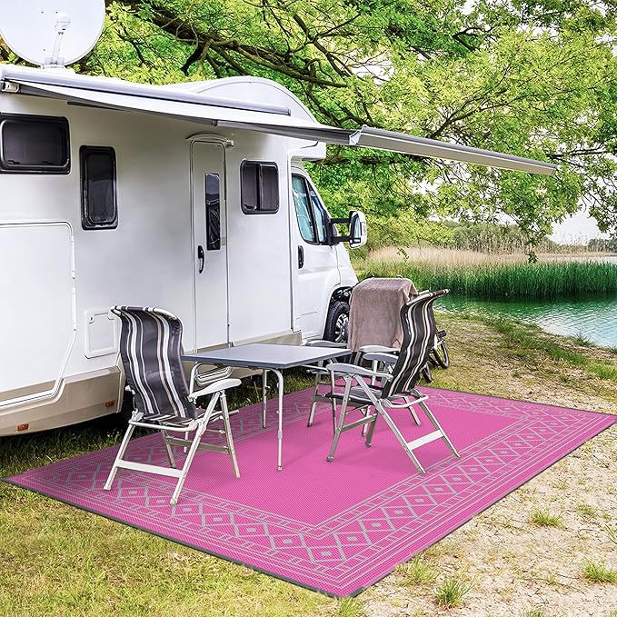 GENIMO Outdoor Rug Waterproof 6'x9' for Patio, Foldable Reversible Plastic Straw Carpet for Travel Trailers, Outside Area Mat for Rv, Deck, Picnic, Porch, Camper, Balcony, Beach, Pink & Grey-HomvellaHome