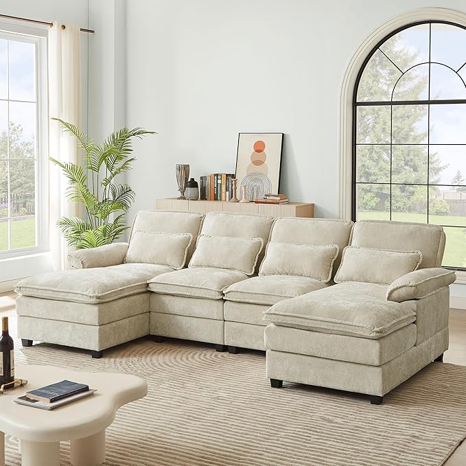 113" Oversized Cloud Couch, U Shape Sectional 4 Seat Sofa with Double Chaises, 2 Layer Cusions, Deep Seat Comfy Sofa, Upholstery Chenille Fabric for Living Room, Beige-HomvellaHome