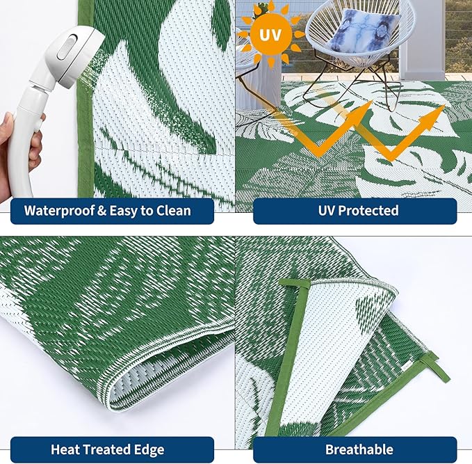 GAOMON Outdoor Rugs 9x18 Waterproof Patio Rug Outdoor Plastic Straw Rug Reversible Camping Mat, Portable RV Picnic Carpet with Bag & 4 Stakes, UV Resistant Outside Carpet for Deck Balcony, Green-HomvellaHome