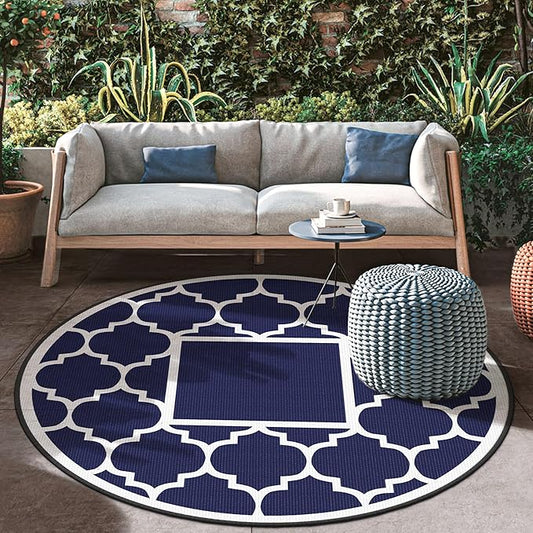 GENIMO 8' Round Outdoor Rug Waterproof for Patio Decor, Foldable Reversible Plastic Straw Area Rugs Mat for Rv, Outside Carpet for Camper, Deck, Picnic, Beach, Balcony, Camper, Blue & White-HomvellaHome