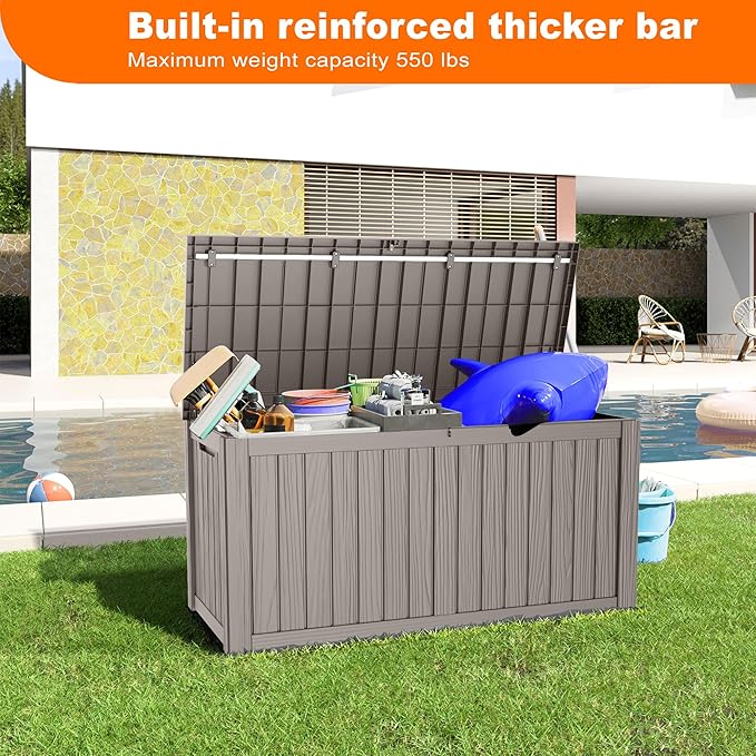 150 Gallon Resin Deck Box, Lockable Patio Outdoor Storage Box for Furniture, Garden Tools and Tools Storage, Waterproof Outside Storage Boxes - Grey-HomvellaHome
