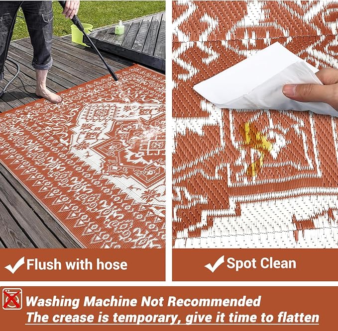 GAOMON Outdoor Rug for Patio 9x18 Waterproof Reversible Plastic Straw Rug, Large UV-Resistant Portable RV Camping Mats, Indoor Outdoor Medallion Carpet for Outside Deck Porch Garden, Red & White-HomvellaHome