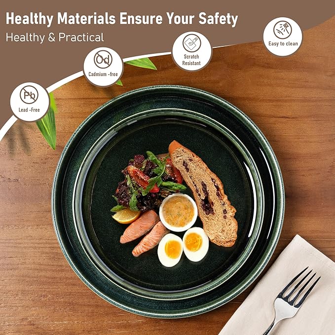 GBHOME Ceramic Dinnerware Sets for 6, 18 Pieces Stoneware Plates and Bowls Sets, Reactive Glaze Dishes -Scratch Resistant, Dishwasher&Microwave Safe, Earth Green-HomvellaHome