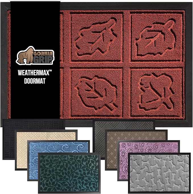 GORILLA GRIP 100% Waterproof All-Season WeatherMax Doormat, US Designed Natural Rubber, Stain and Fade Resistant, Low Profile Indoor Outdoor Door Mats, Easy Clean Patio Mat, 17x29, Burgundy Leaves-HomvellaHome