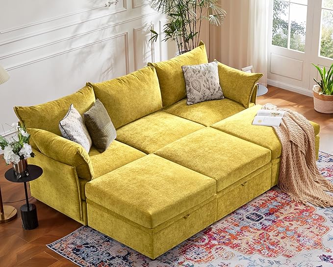 102.6" Luxury Modular Sleeper Sofa Bed 6 Seat Reversible Sectional Couch Deep Seat with Storage Chaises Removable Cover for Living Room, Apartment - Chenille Yellow-HomvellaHome