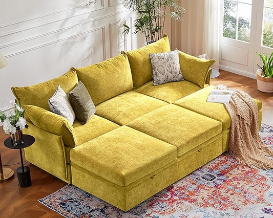 102.6" Luxury Modular Sleeper Sofa Bed 6 Seat Reversible Sectional Couch Deep Seat with Storage Chaises Removable Cover for Living Room, Apartment - Chenille Yellow-HomvellaHome