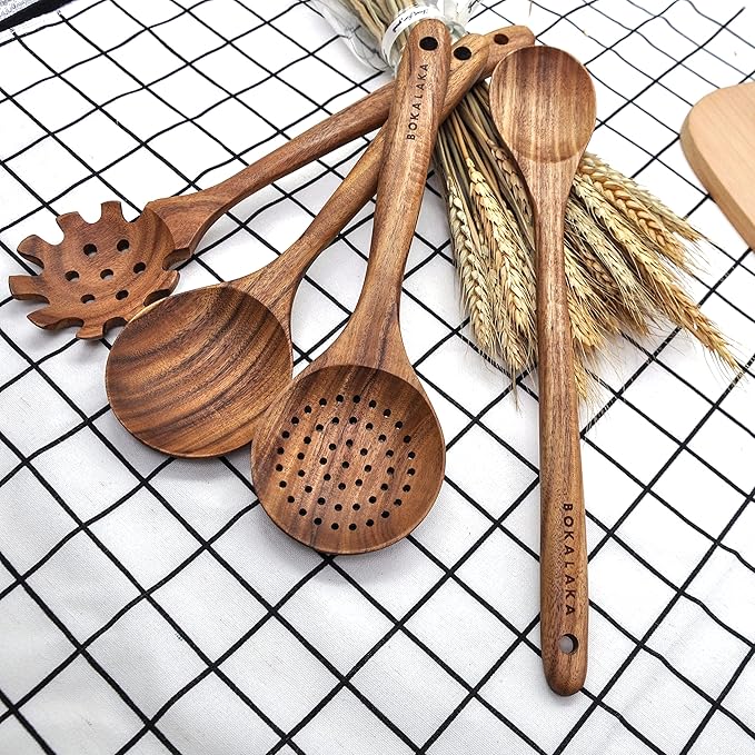 11 Pcs Wooden Kitchen Utensils Set - Wooden Spoons, Spatulas and More for Cooking-HomvellaHome