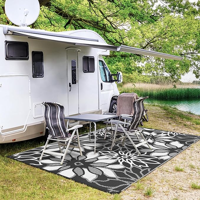 GENIMO Outdoor Rug Waterproof for Patio Decor, 8' x 10' Reversible Plastic Straw Floral Camping Carpet, Large Area Rugs Mats for RV, Camper, Deck, Balcony, Porch, Beach, Picnic, Black & White-HomvellaHome