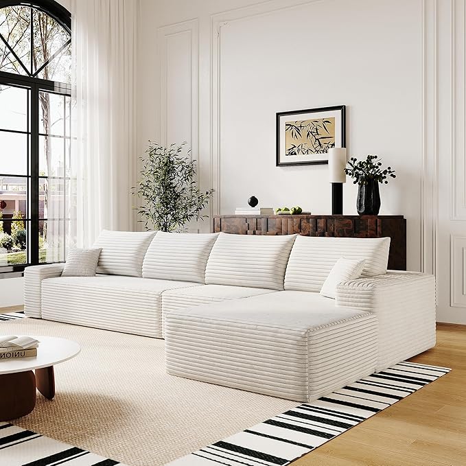 136" Sectional Couches for Living Room Modern Modular Sofa with L-Shape Couchs Upholstered Boneless Couch Deep Seat Sectional Couch with Chaise (White, Right Facing Chaise+3Seaters)-HomvellaHome