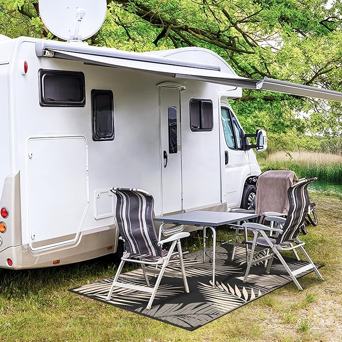 GENIMO Outdoor Rug 3' x 5' Waterproof for Patios Clearance, Reversible Outdoor Plastic Straw Camping Rug Carpet, Large Area Rugs Mats for RV, Camper, Deck, Balcony, Porch, Beach, Picnic, Black&Beige-HomvellaHome