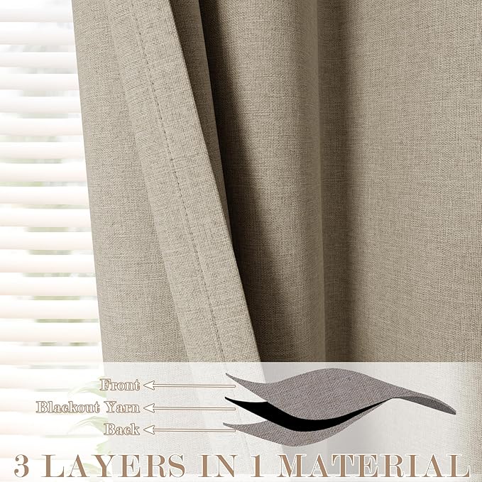 100% Blackout Linen Textured Drapes for Bedroom Pinch Pleated Curtains for Track System Portable Drapery for Sliding Glass Door/Storage/Space Room Divider, 70" Wx84 L, 1 PC, Light Khaki-HomvellaHome