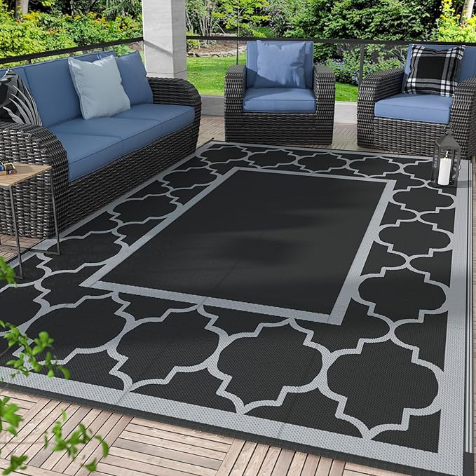 GENIMO 4 ' x 6 ' Outdoor Rug for Patio, Waterproof Indoor Outdoor Plastic Straw Rugs Carpet, Reversible Outside Area Mat for Camping, Balcony Porch, Deck, Picnic, Beach Black Grey-HomvellaHome