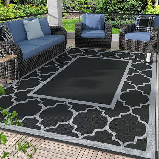 GENIMO 4 ' x 6 ' Outdoor Rug for Patio, Waterproof Indoor Outdoor Plastic Straw Rugs Carpet, Reversible Outside Area Mat for Camping, Balcony Porch, Deck, Picnic, Beach Black Grey-HomvellaHome