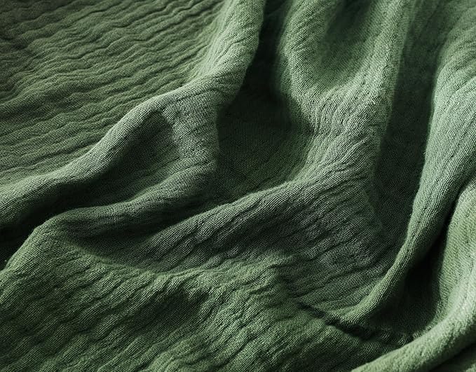 100% Cotton Muslin Throw Blanket for Bed, Couch, Small, Decorative, Soft, Pre-Washed, Breathable and Lightweight Gauze Blanket with Tassels, Suitable for All Seasons, Olive Green, 50"x60"-HomvellaHome