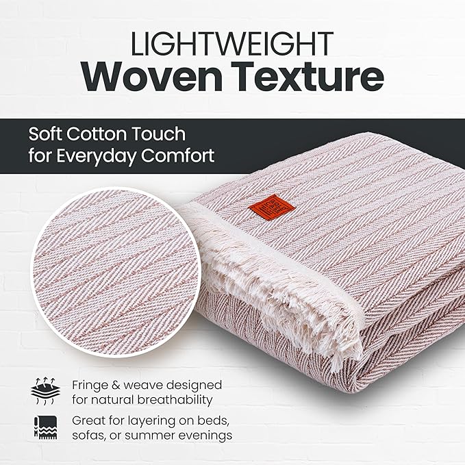 Gold Case Throw Blanket for Bed – 100% Recycled Turkish Cotton Bed Blanket – Decorative Throw Cotton Blankets for Living Room & Bedroom – Woven Twin Blankets – Vintage Beige – 71x90-HomvellaHome