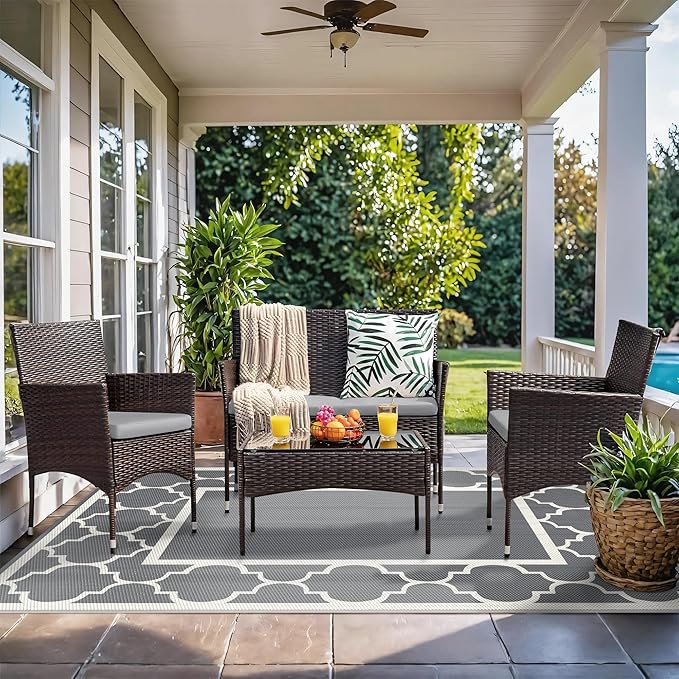 GENIMO 5 ' x 8 ' Outdoor Rug for Patio, Waterproof Indoor Outdoor Plastic Straw Rugs Carpet, Reversible Outside Area Mat for Camping, Balcony Porch, Deck, Picnic, Beach Grey & Beige White-HomvellaHome