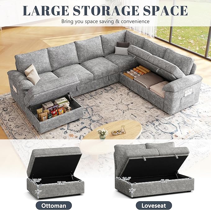 108 Inch Modular Sectional Sofa with Pull Out Bed,U Shaped 7 Seat Sectional Sleeper Sofa with Storage,Sectional Couches for Living Room,Cloud Modular Couch,Removable Sofa Cover,Light Gray-HomvellaHome