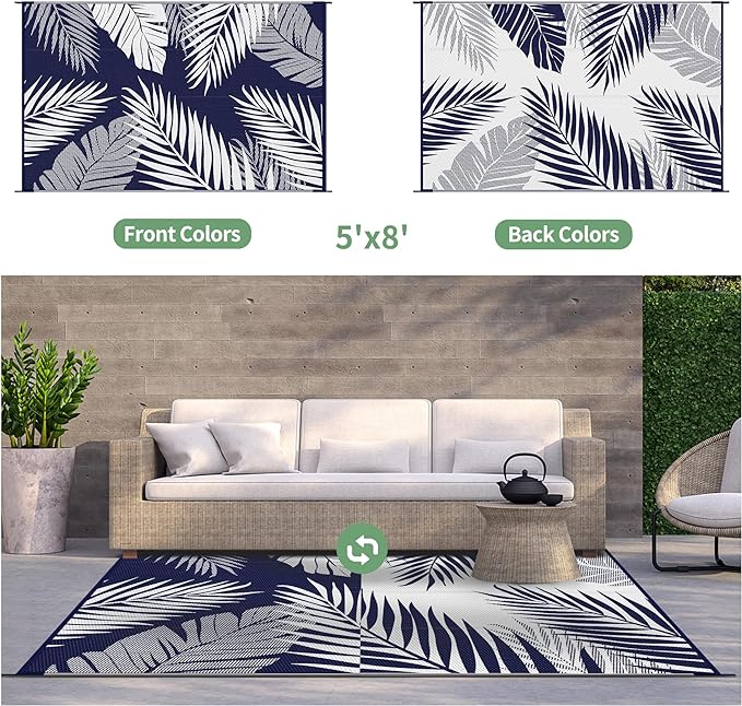 GENIMO Outdoor Rug 5' x 8' Waterproof for Patios Clearance, Reversible Outdoor Plastic Straw Camping Rug Carpet, Large Area Rugs Mats for RV, Picnic, Backyard, Deck, Balcony, Porch, Beach, Blue&White-HomvellaHome