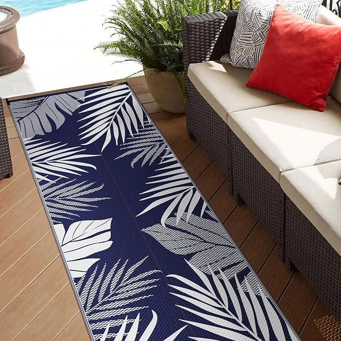 GENIMO Outdoor Rug 2.5' x 8' Waterproof for Patios Clearance, Reversible Outdoor Plastic Straw Camping Rug Carpet, Large Area Rugs Mats for RV, Camper, Deck, Balcony, Porch, Beach, Navy Blue&White-HomvellaHome