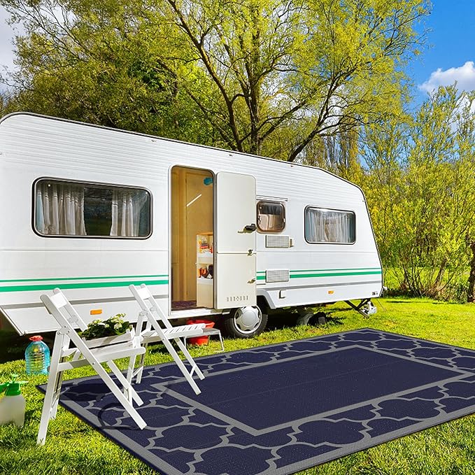 GENIMO 10 ' x 14 ' Outdoor Rug Waterproof for Patio Decor, Foldable Reversible Plastic Straw Area Rugs Mat for Camper, Outside Carpet for Rv, Deck, Porch, Picnic, Beach, Balcony, Blue & Grey-HomvellaHome