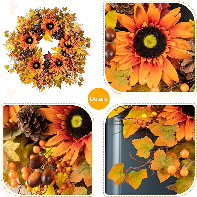 Glitzhome 24'' Fall Wreath for Front Door Decor, Artificial Autumn Orange Wreath with Sunflower, Maple Leaf and Berry Ornament for Wall Fireplace Farmhouse Thanksgiving Day Harvest Festival Decor-HomvellaHome
