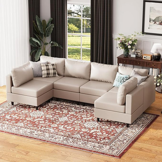 118.5" Faux Leather Modular Sectional Sofa with Storage Seat, Modern 6 Seater Couch Deep Seat with Removable Cover DIY Combination Whitesand-HomvellaHome