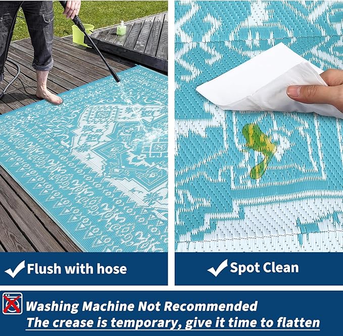 GAOMON Outdoor Rug Waterproof 9x18 Reversible Plastic Straw Rug, Large Rugs for Patio UV-Resistant Portable RV Camping Mats, Indoor Outdoor Medallion Carpet for Deck Porch Garden, Light Blue-HomvellaHome