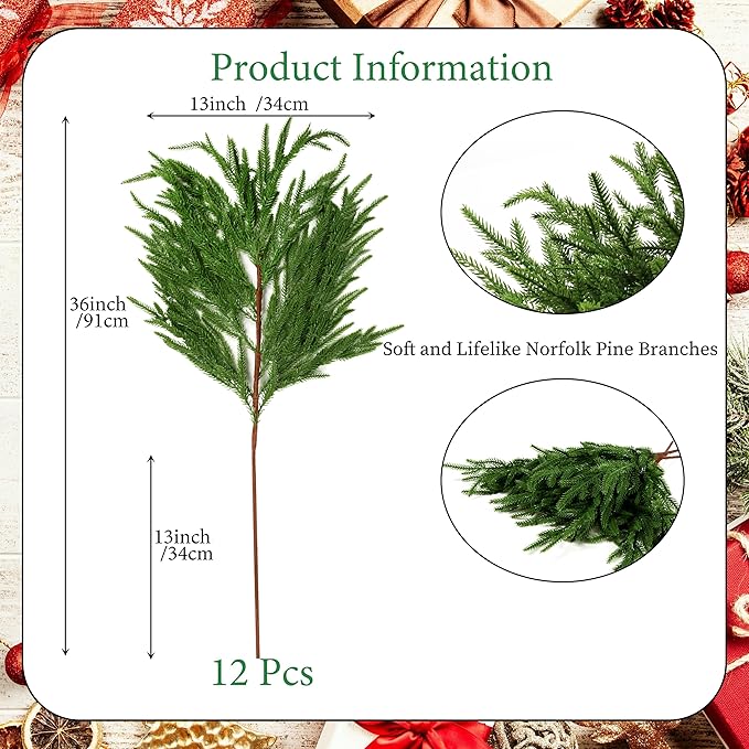 12Pcs Artificial Norfolk Pine Branches 36" Plastic Christmas Plants Decor Faux Greenery Stems Pine Picks Outdoor Faux Plants UV Resistant for Xmas Indoor, Front Porch Home Décor (12, 36inch)-HomvellaHome