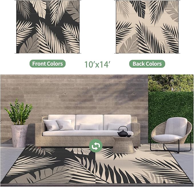 GENIMO Outdoor Rug 10' x 14' Waterproof for Patios Clearance, Reversible Outdoor Plastic Straw Camping Rug Carpet, Large Area Rugs Mats for RV, Camper, Deck, Balcony, Porch, Beach, Picnic, Black&Beige-HomvellaHome