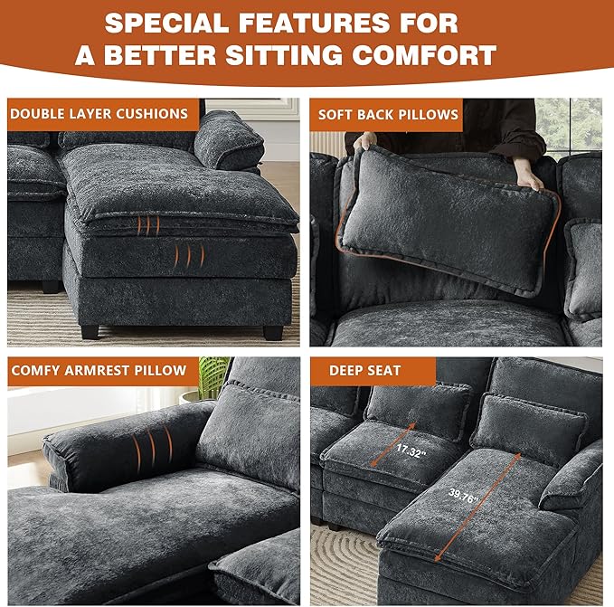113" Oversized Cloud Couch, U Shape Sectional 4 Seat Sofa with Double Chaises, 2 Layer Cusions, Deep Seat Comfy Sofa, Upholstery Chenille Fabric for Living Room, Dark Grey-HomvellaHome