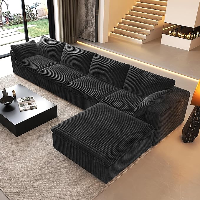 157.5" L Shaped Modern Sofa Modular Sectional Cloud Couch with Ottoman,Deep Seat Upholstered Couches with Corduroy Fabric for Living Room Furniture,Bedroom and Apartment,No Assembly Required,Black-HomvellaHome