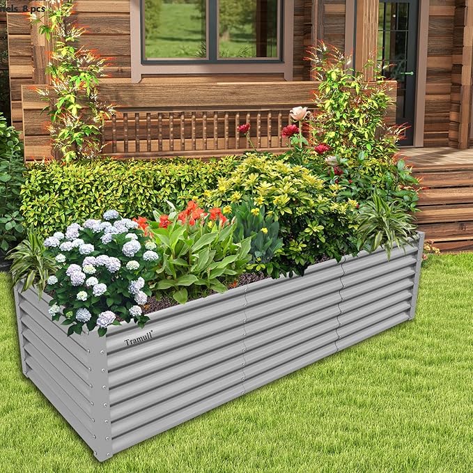 1 Pack 8x3x2FT Galvanized Raised Garden Bed Kit Retangular Metal Ground Planter Box Outdoor Bottomless Planter Raised Beds for Vegetables Flowers Herbs Fruits, Gray-HomvellaHome